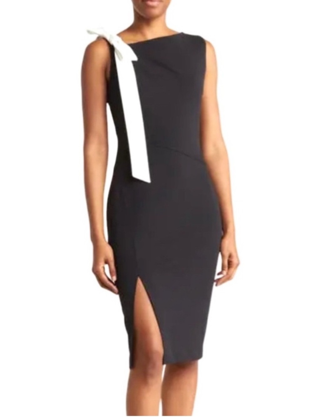 Calvin Klein Sleeveless Midi Dress Contrast Bow Neckline Black White Size 10